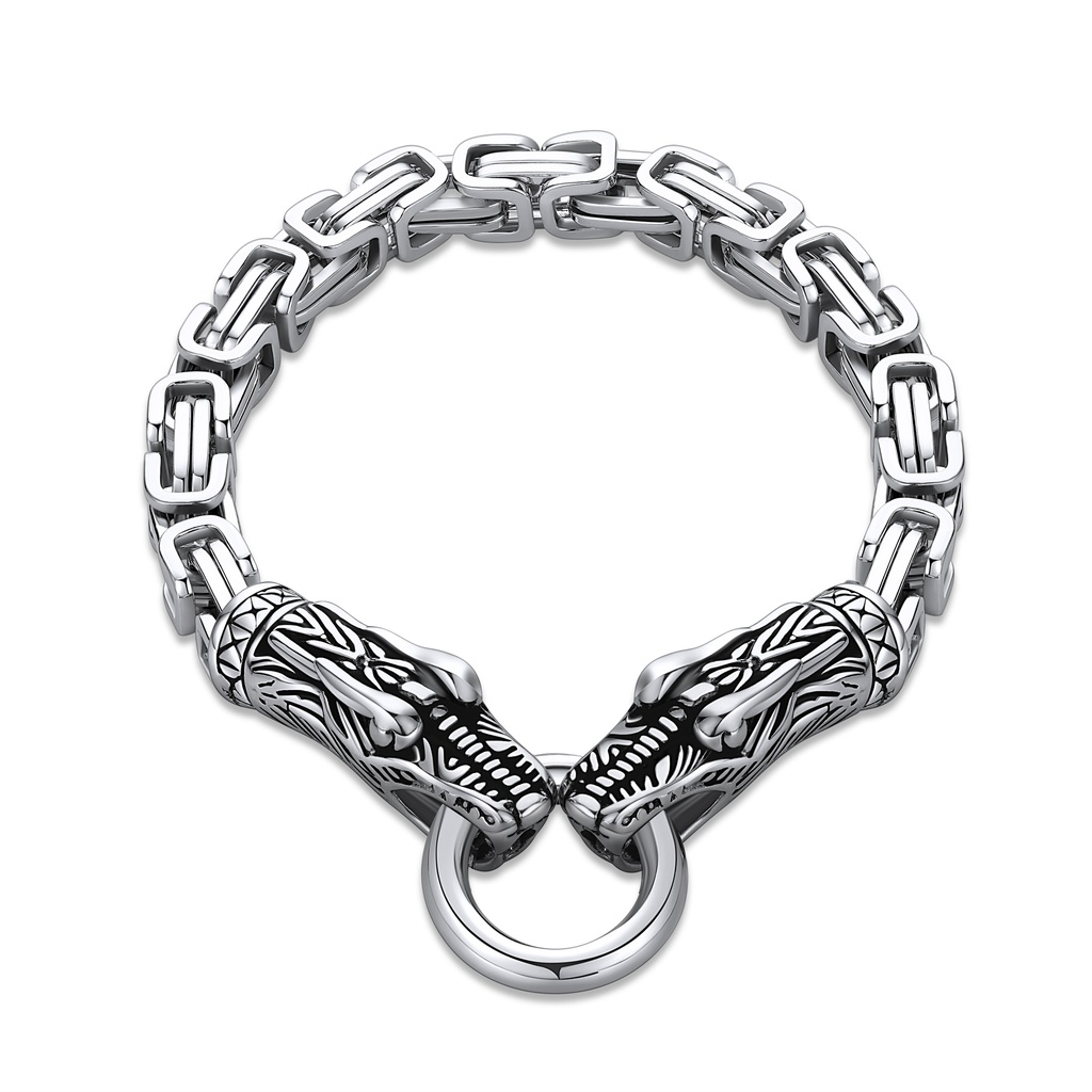 Stainless Steel Chain Bracelet with Wolf Head Clasp and Ring Detail