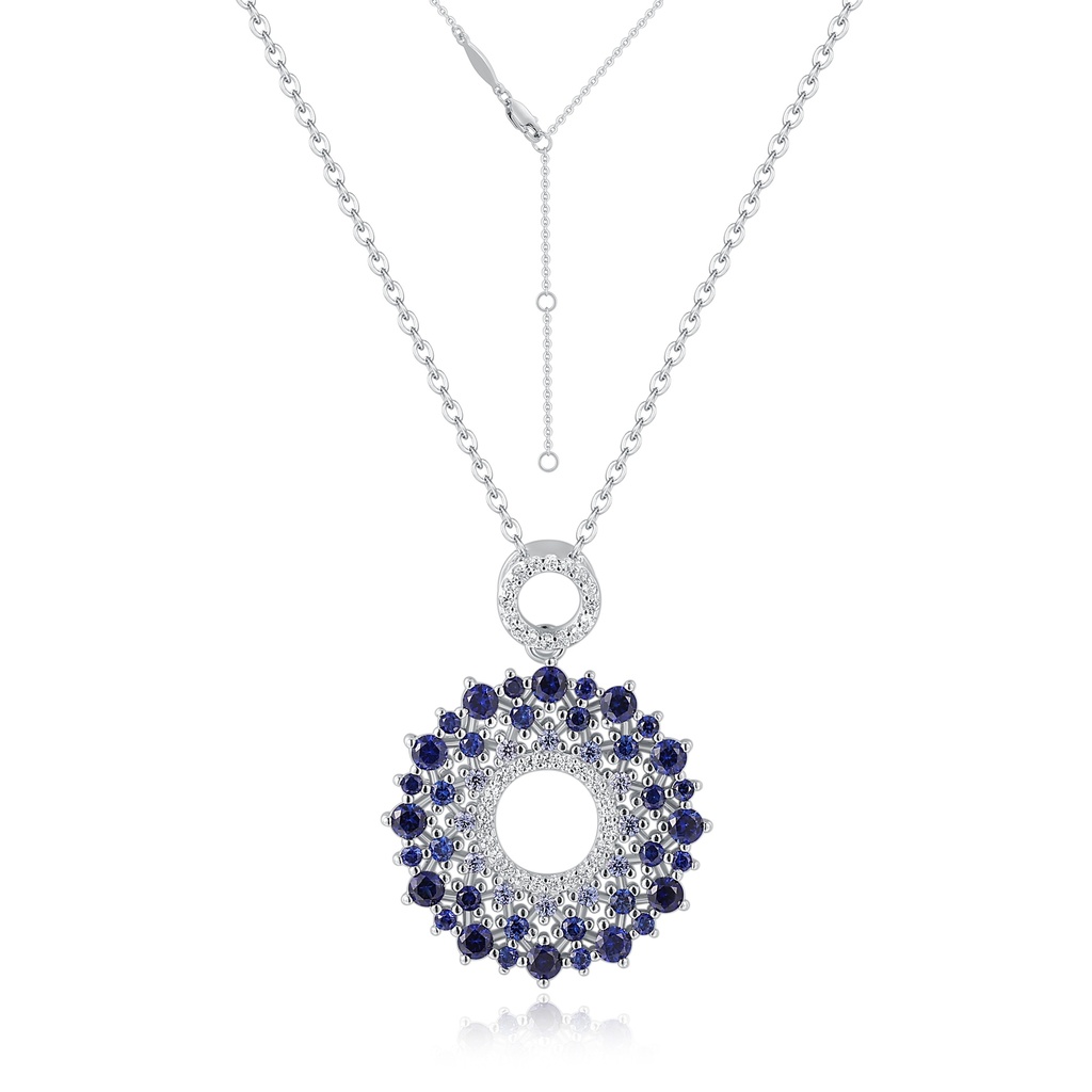 Stainless Steel Circle Pendant Necklace with Blue and Clear Crystals