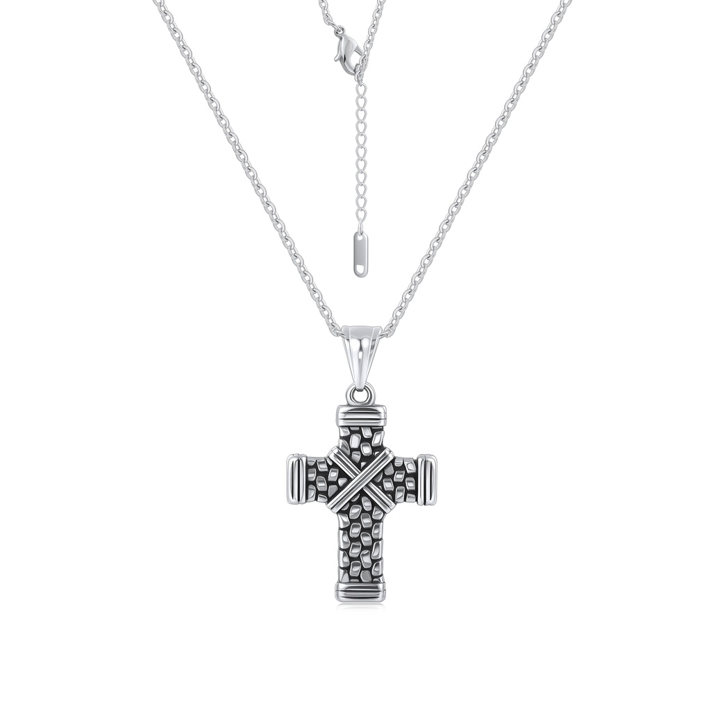 Stainless Steel Cross Necklace with Textured Detail and Modern Style