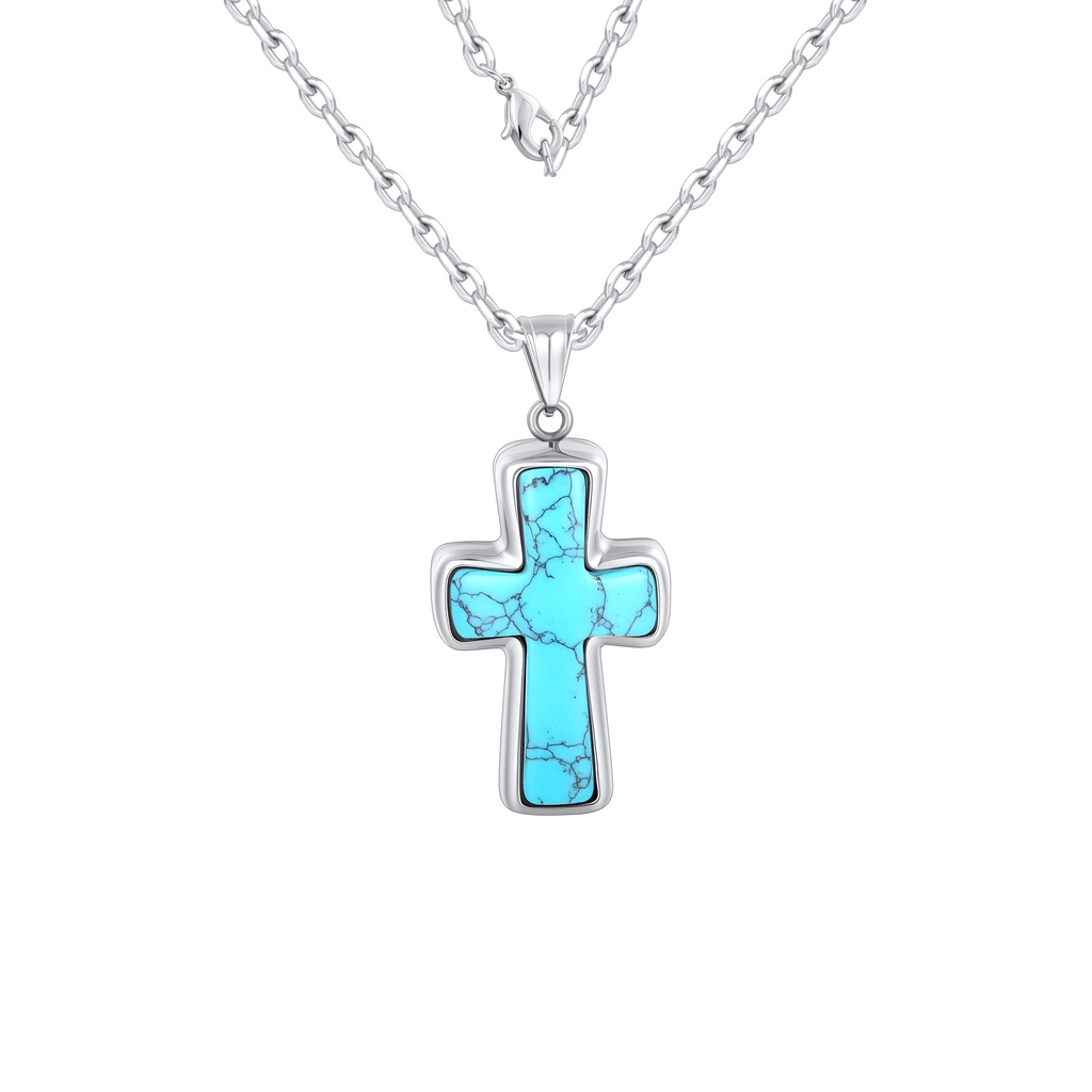 Stainless Steel Cross Pendant Necklace with Turquoise Stone Inlay