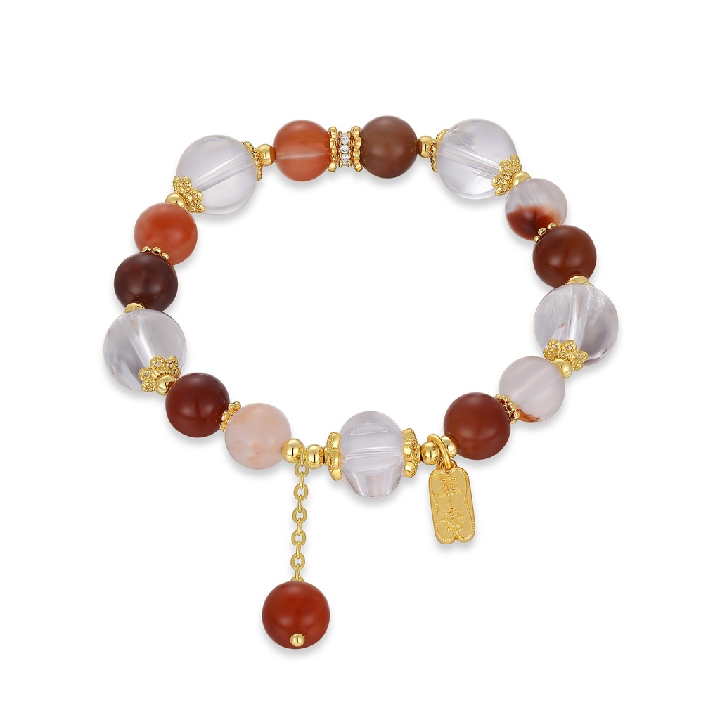 Bold agate bracelet with red tones and golden bead caps