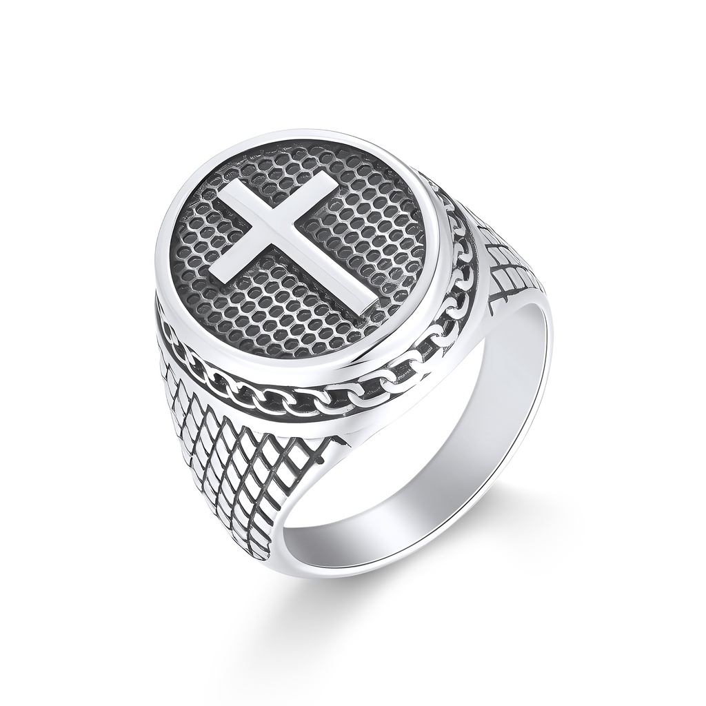 Stainless Steel Cross Ring with Textured Black Enamel Accent