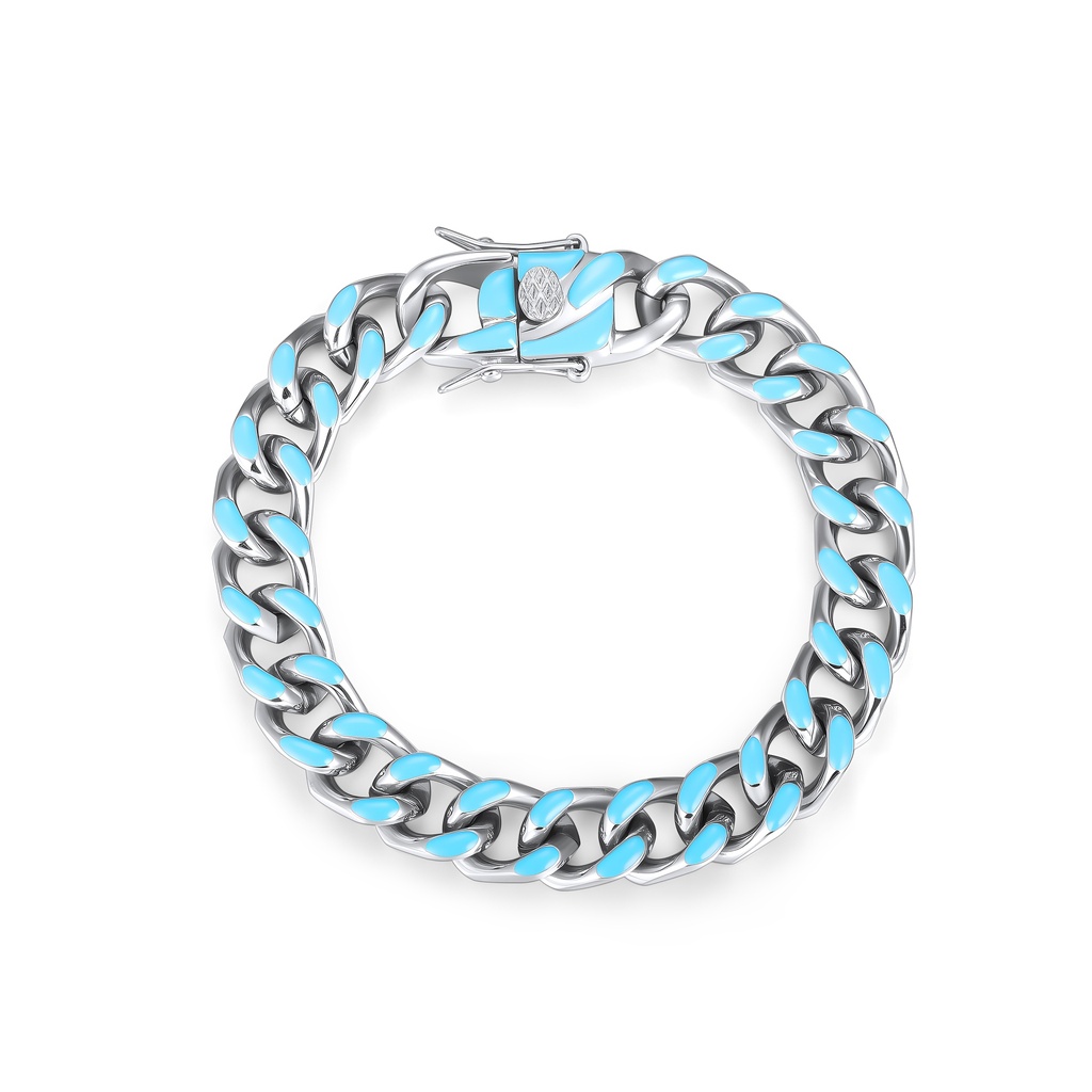Stainless Steel Cuban Chain Bracelet with Sky Blue Enamel