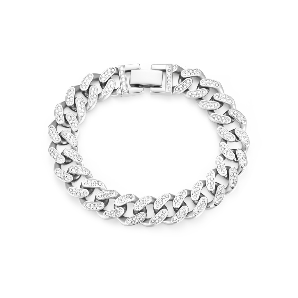 Stainless Steel Cuban Link Bracelet with Pave Crystal Detailing