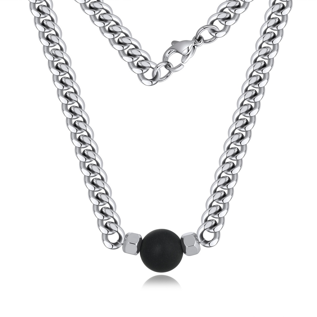 Stainless Steel Curb Chain Necklace with Matte Black Bead Accent