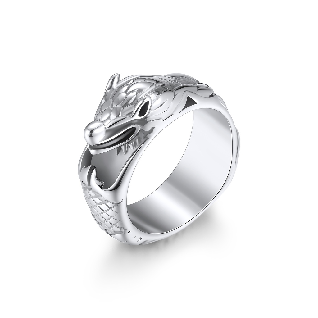 Stainless Steel Dragon Head Ring with Intricate Scale Detailing
