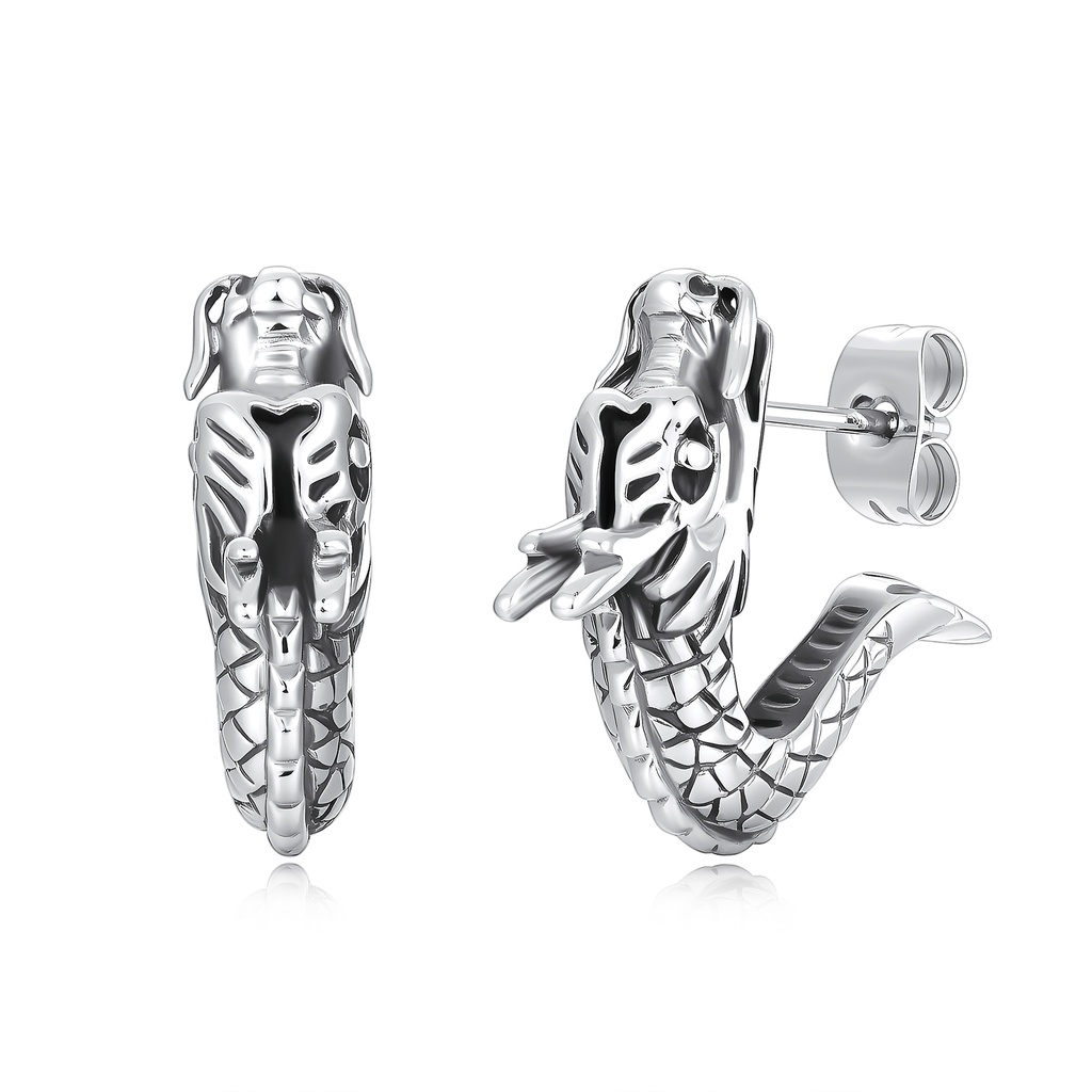 Stainless Steel Dragon-Serpent Stud Earrings with Detailed 3D Design