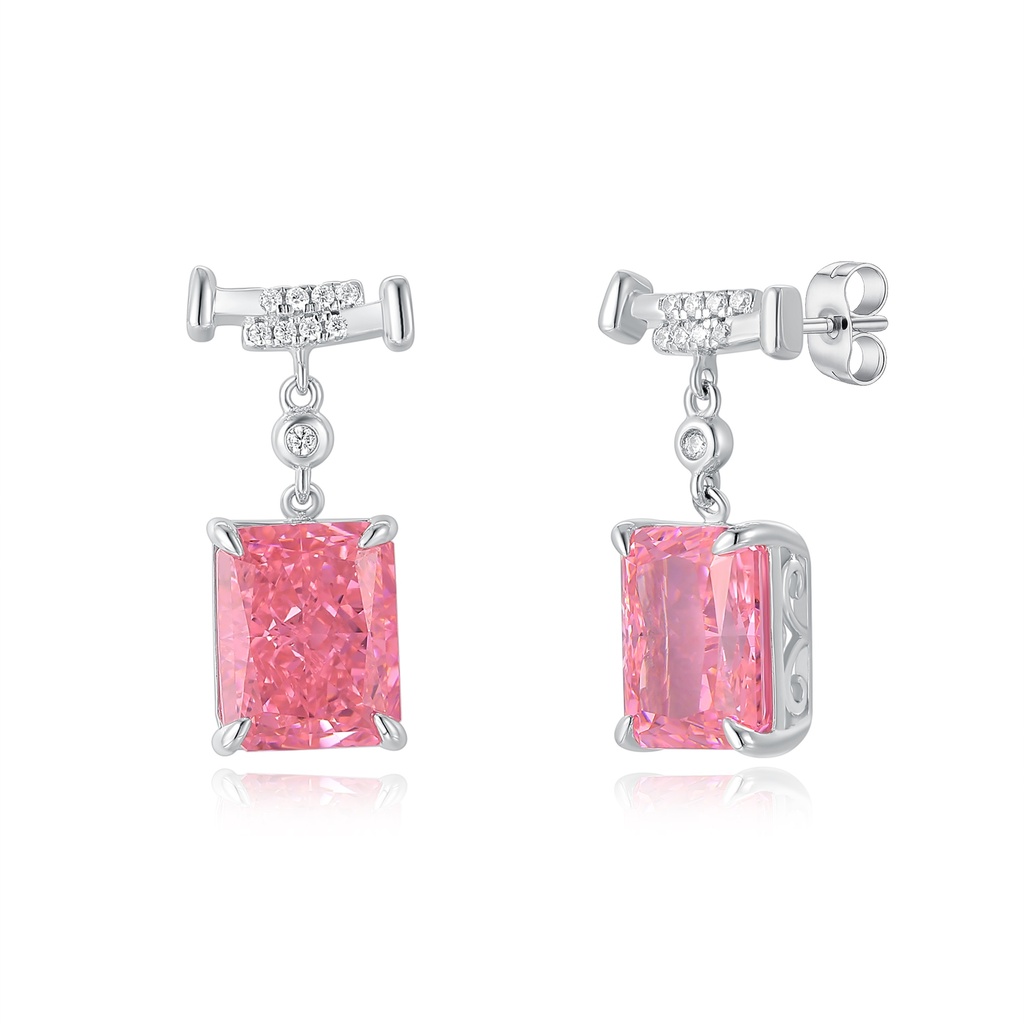 Stainless Steel Drop Earrings with Sparkling Pink Rectangle Gemstones