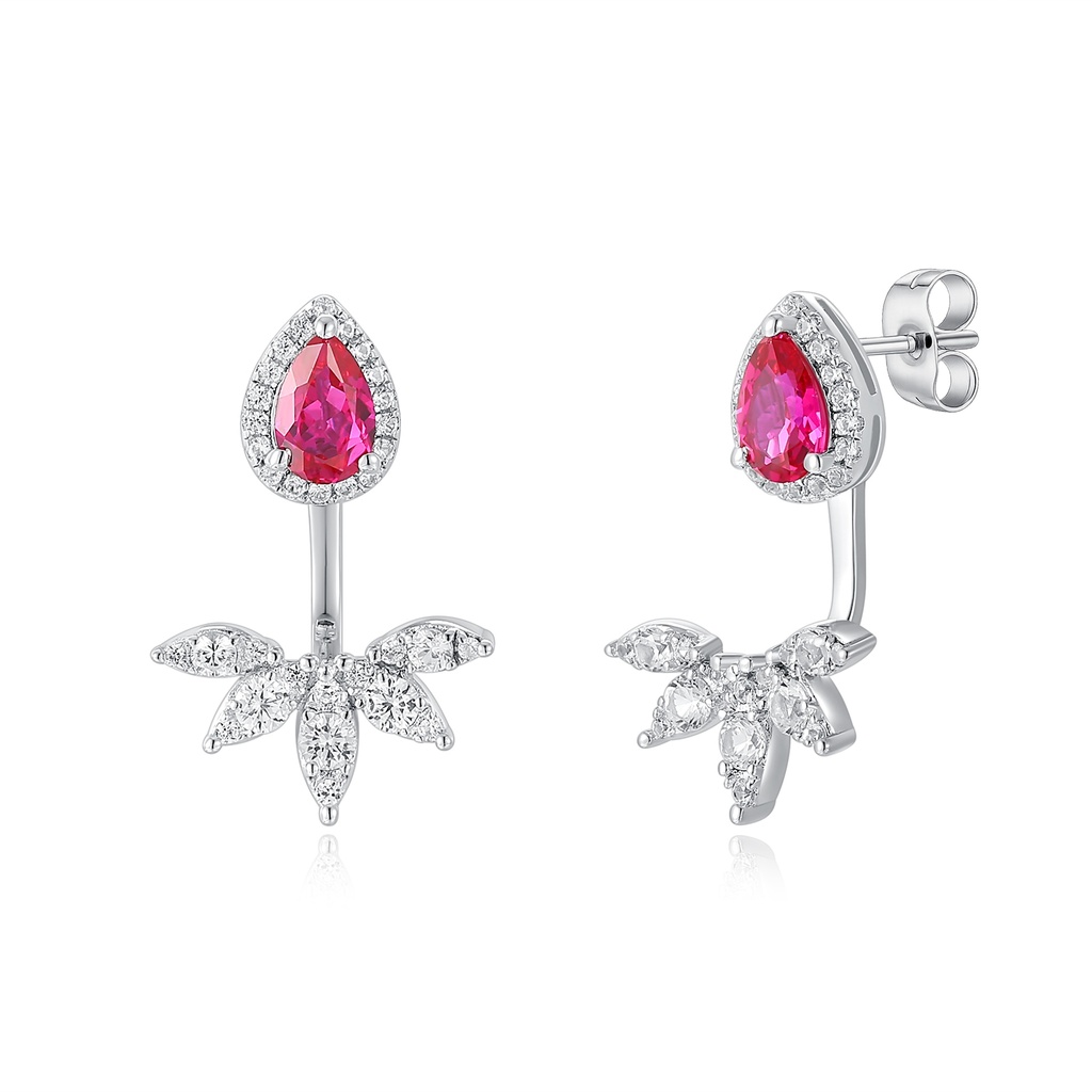 Stainless Steel Earrings with Pink Teardrop and Leaf Crystals