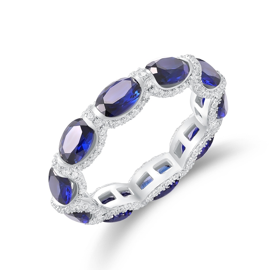 Stainless Steel Eternity Ring with Blue Oval and Crystal Accents