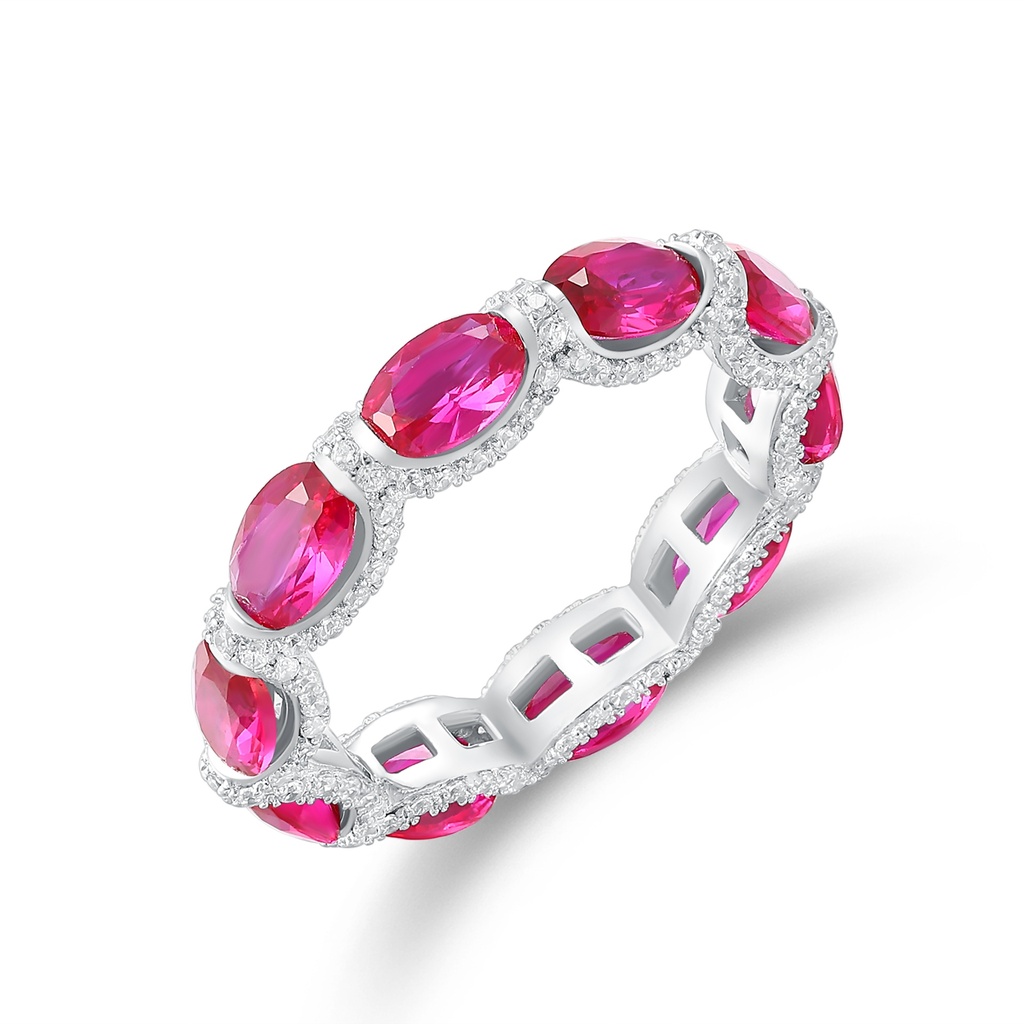 Stainless Steel Eternity Ring with Pink Oval and Crystal Halo