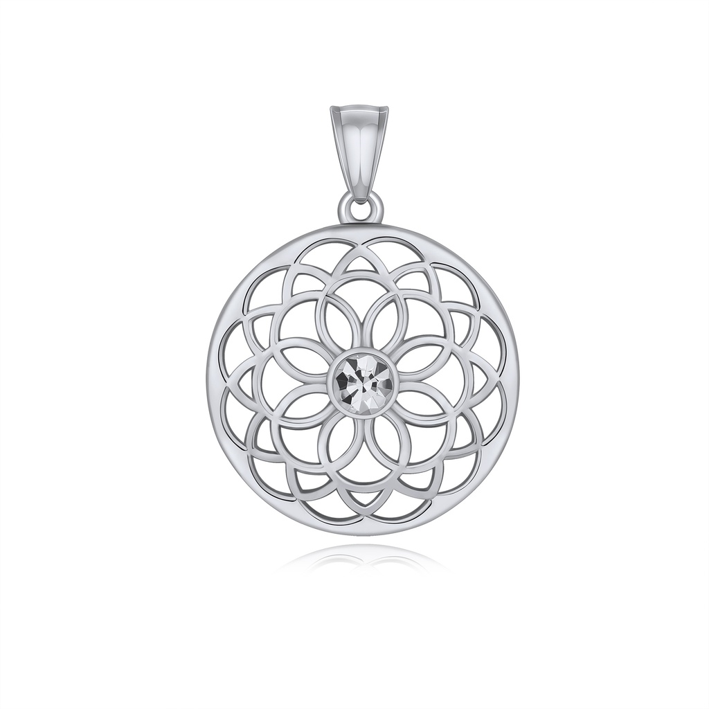 Stainless Steel Flower Mandala Pendant with Crystal Centerpiece
