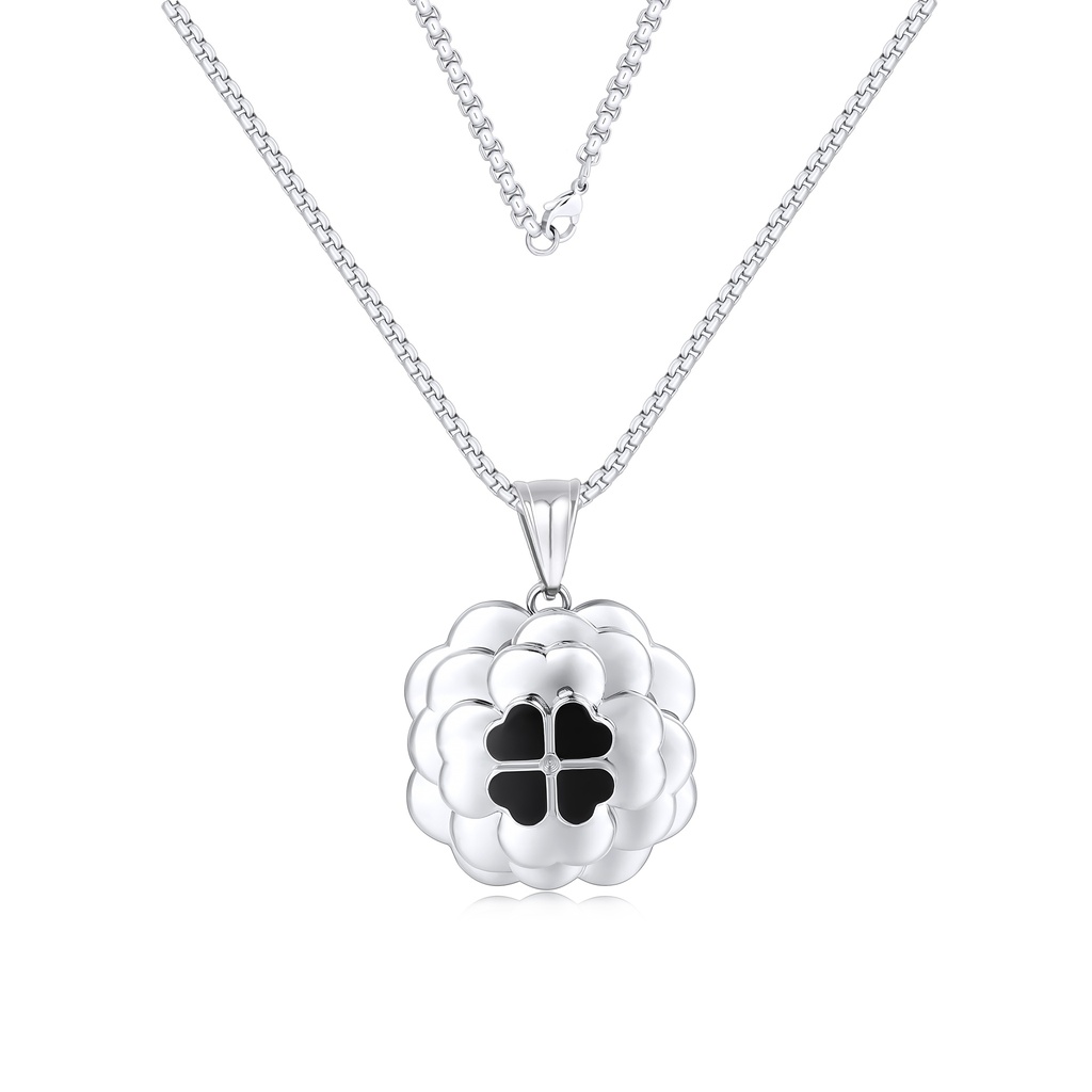 Stainless Steel Flower Pendant Necklace with Black Four-Leaf Clover