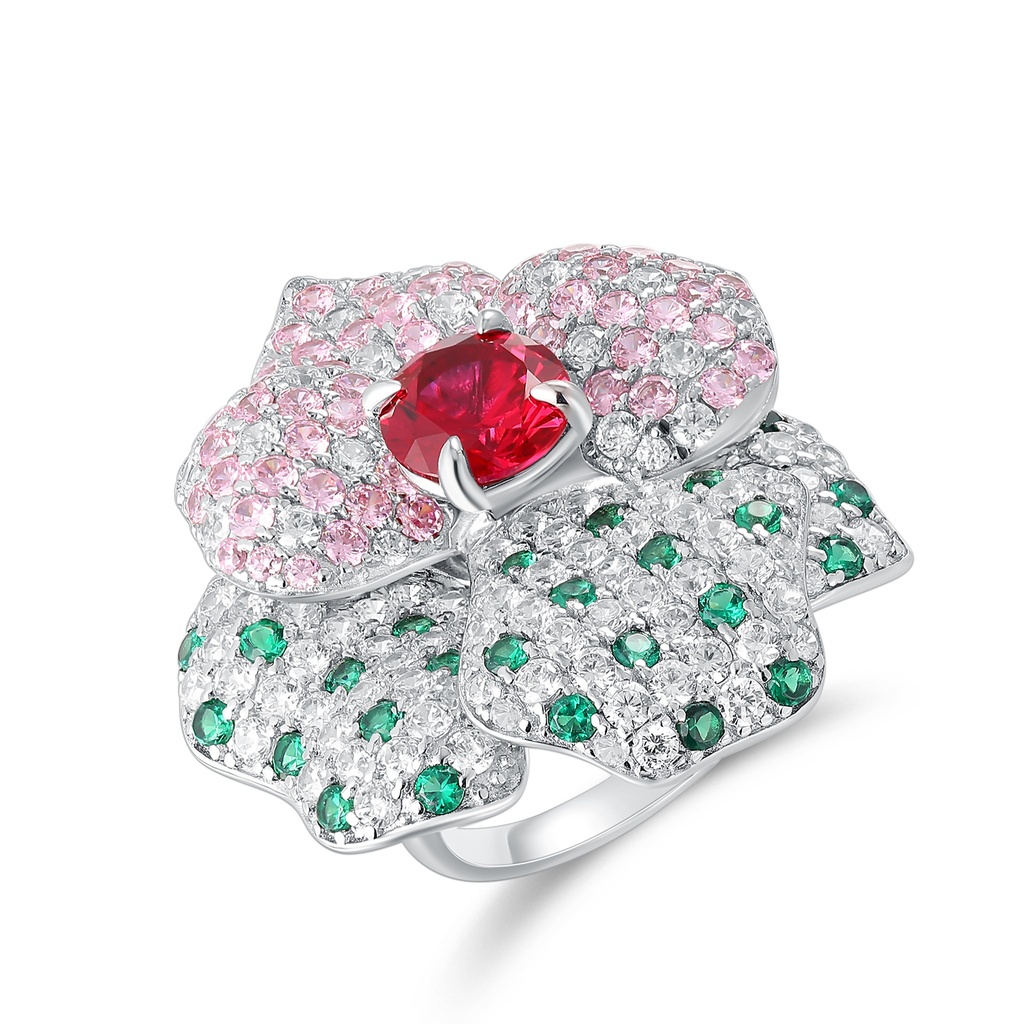 Stainless Steel Flower Ring with Red, Pink, and Green Crystals