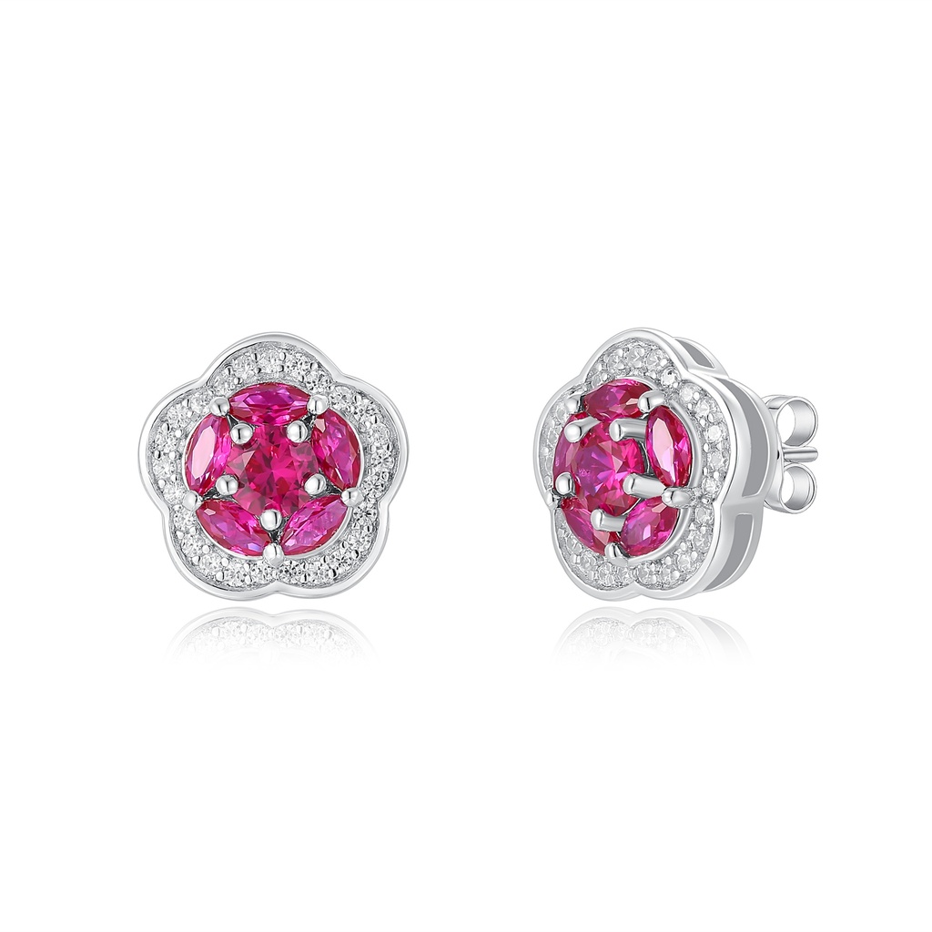 Stainless Steel Flower Stud Earrings with Pink and Clear Crystals