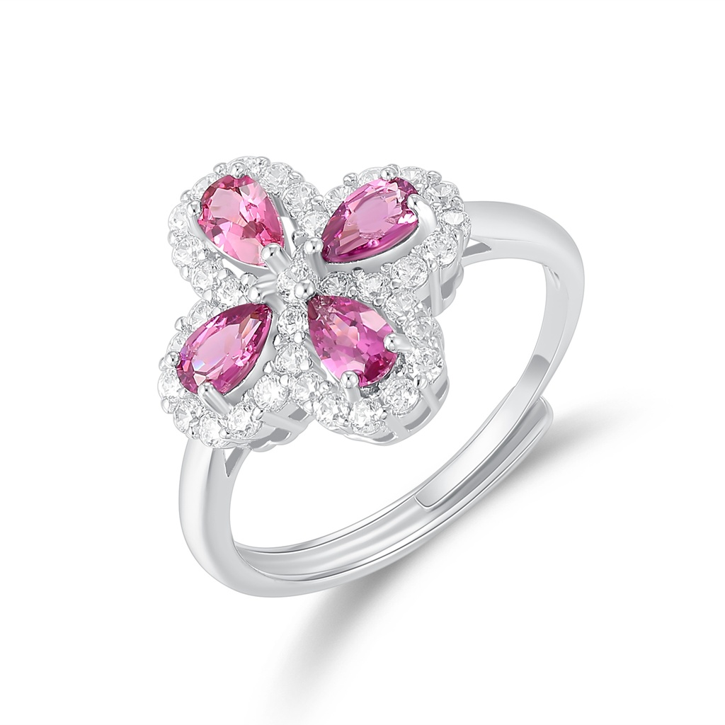 Stainless Steel Four-Petal Ring with Pink Teardrop Crystals