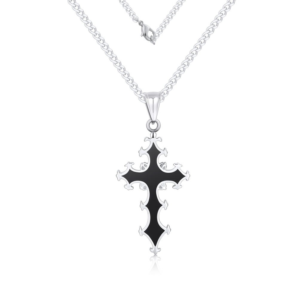 Stainless Steel Gothic Cross Pendant Necklace with Black Enamel Design