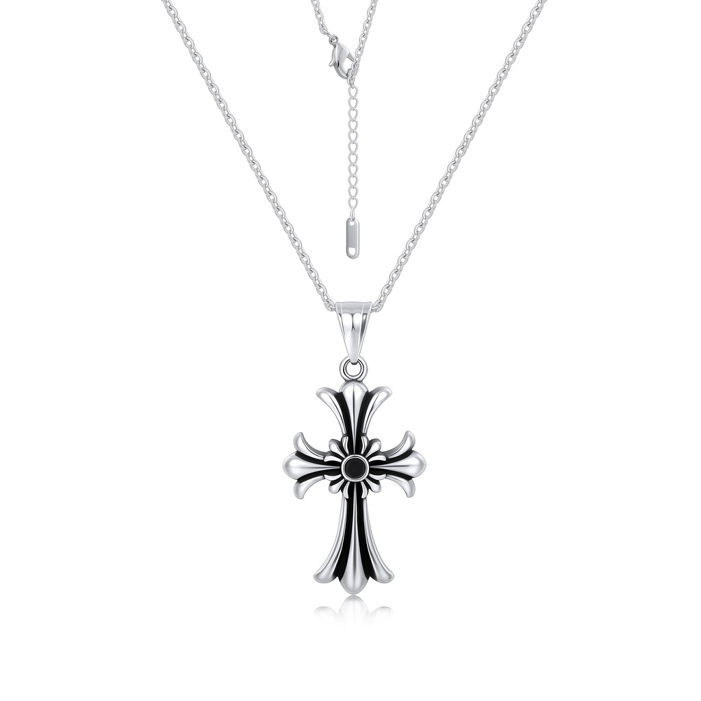 Stainless Steel Gothic Cross Pendant Necklace, Silver-Tone Adjustable Cable Chain