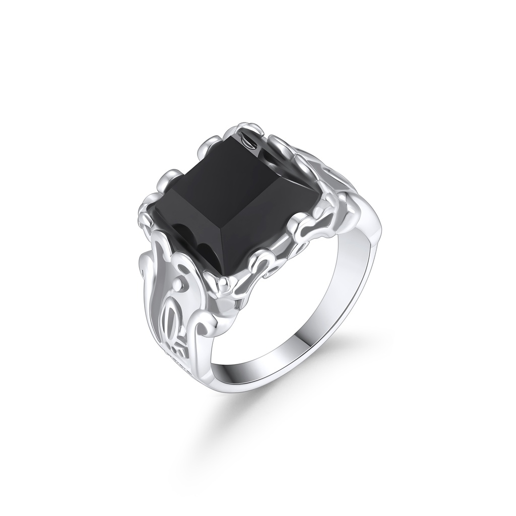 Stainless Steel Gothic Ring with Black Stone, Ornate Claw Setting
