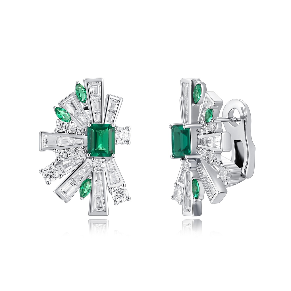 Stainless Steel Green Crystal Geometric Burst Clip-On Stud Earrings