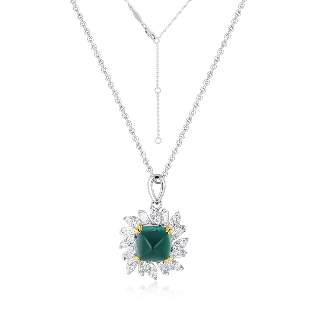 Stainless Steel Green Gem Necklace with Sparkling Leaf-Inspired Halo