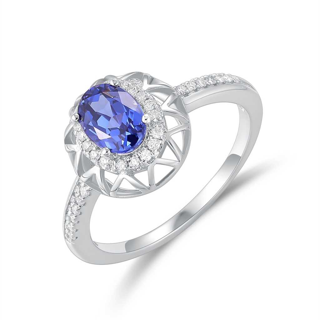 Stainless Steel Halo Ring with Oval Blue CZ and Pavé