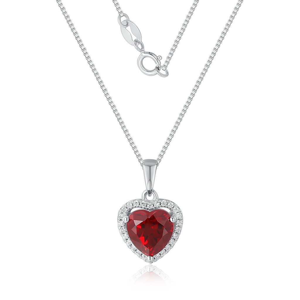 Stainless Steel Heart Necklace with Red Gemstone and Crystals
