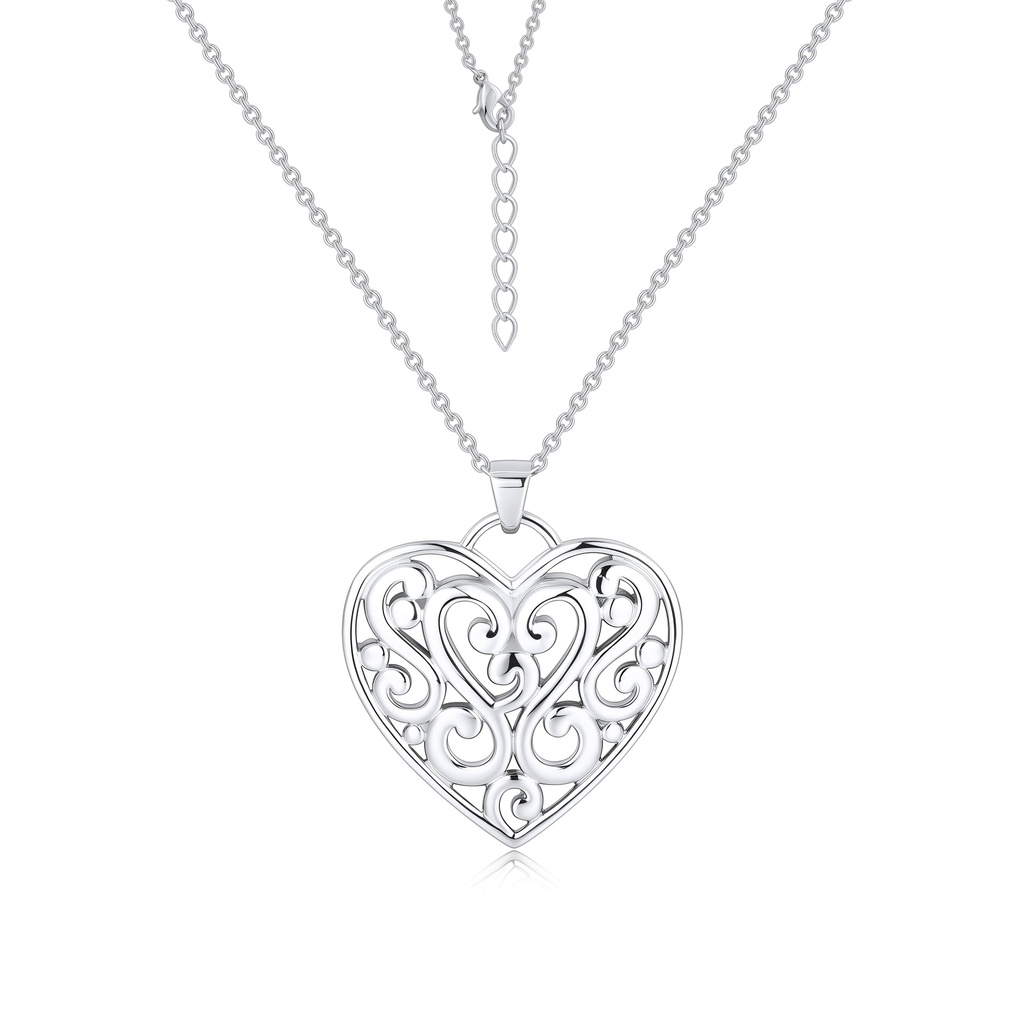Stainless Steel Heart Pendant Necklace with Elegant Filigree Scroll Design
