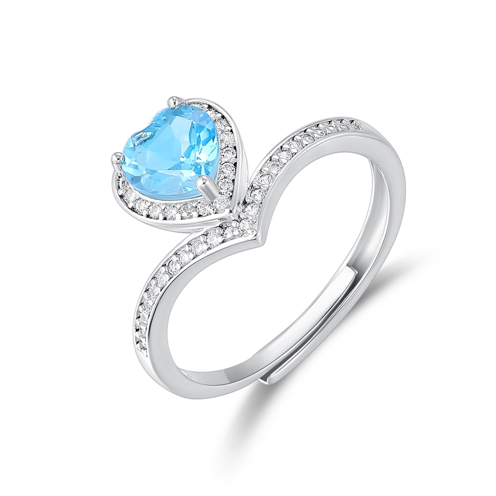 Stainless Steel Heart Ring with Blue Gem and Crystals