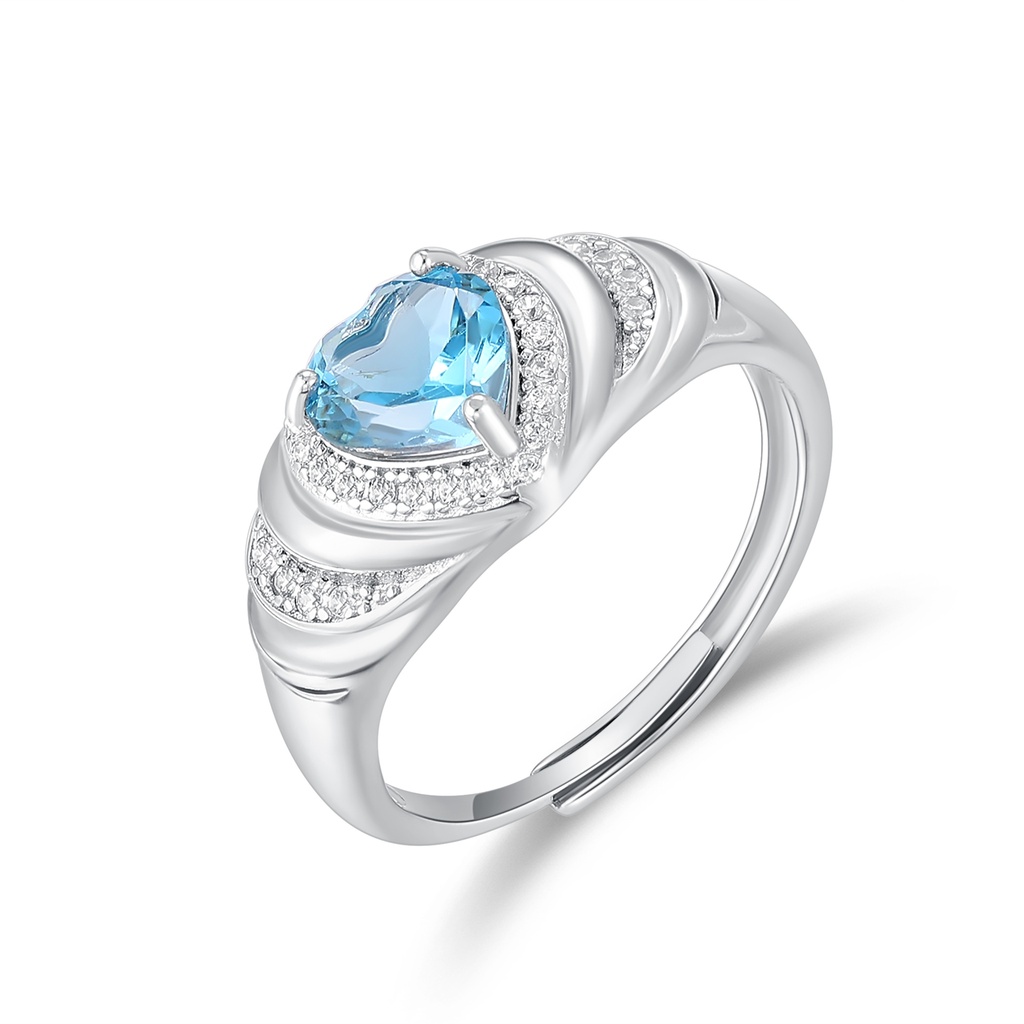 Stainless Steel Heart-Shaped Blue Gem Ring with Crystals