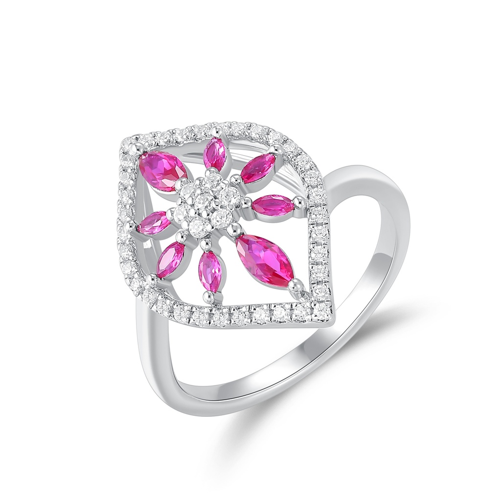 Stainless Steel Heart-Shaped Ring with Pink Crystal Flower