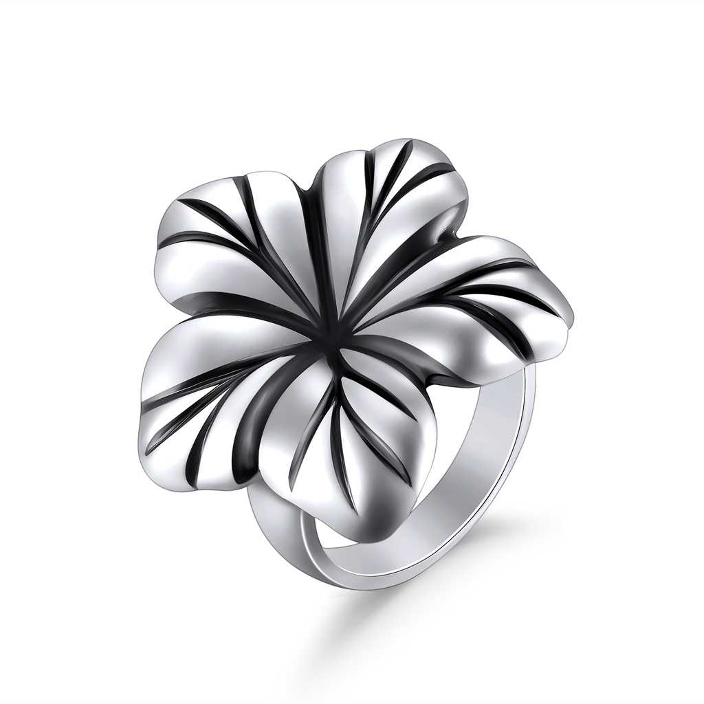 Stainless Steel Hibiscus Flower Ring with Polished and Textured Finish