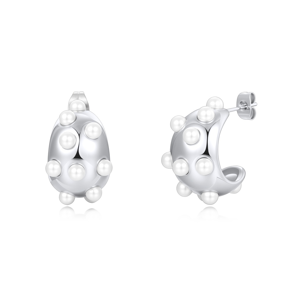 Stainless Steel Hoop Earrings with Playful Pearl-Inspired Bead Accents