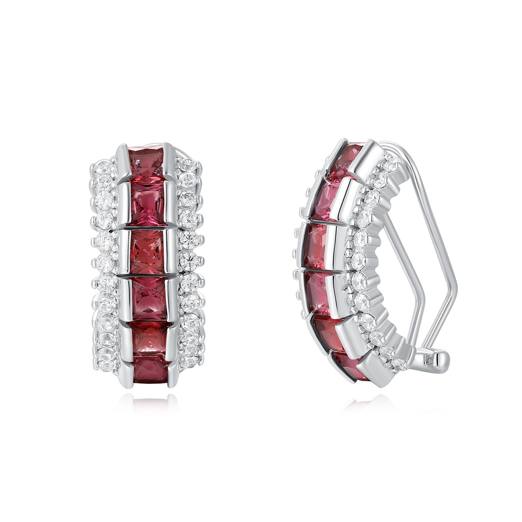 Stainless Steel Hoop Earrings with Red Square Stones and Crystals