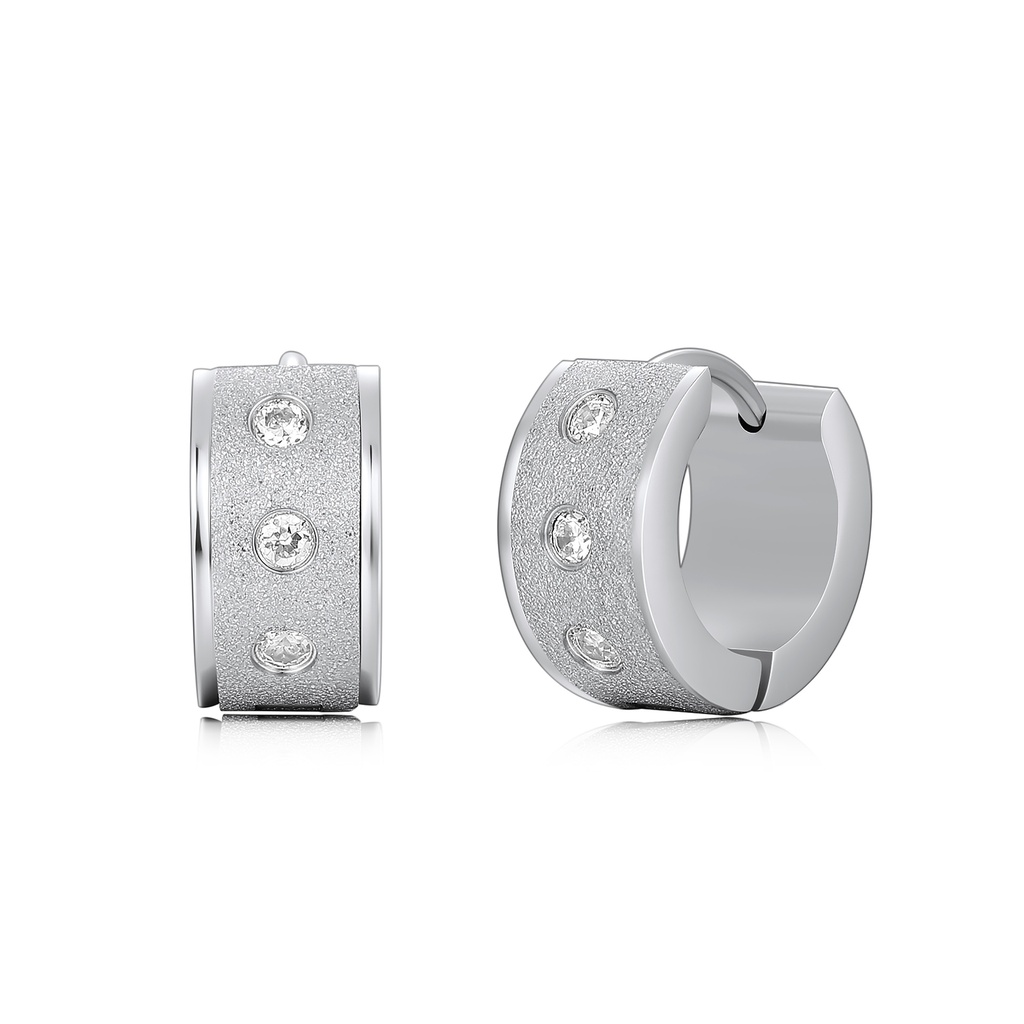 Stainless Steel Hoop Earrings with Sparkling Crystal Accents and Texture