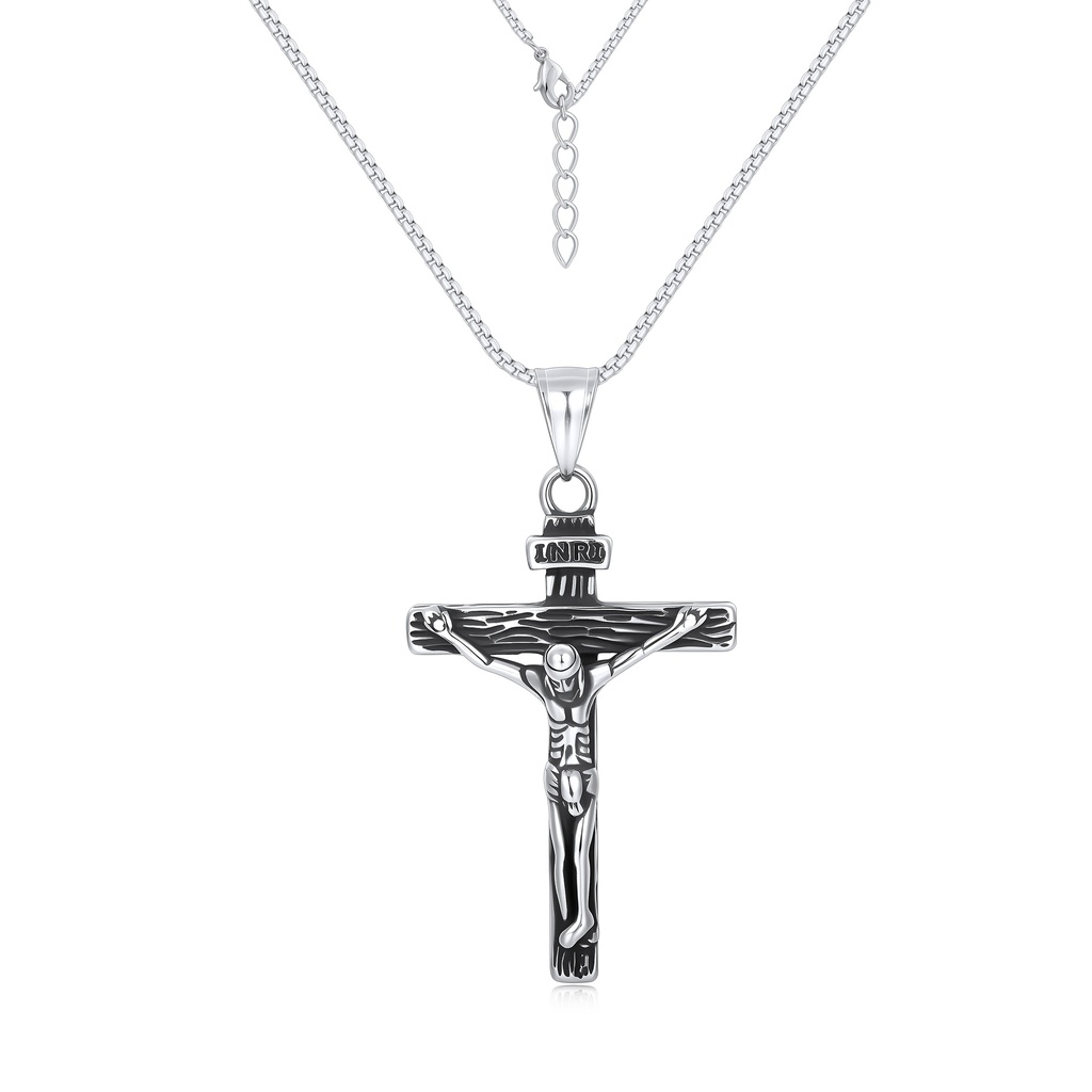 Stainless Steel INRI Crucifix Pendant Necklace, Silver-Tone Box Chain Adjustable