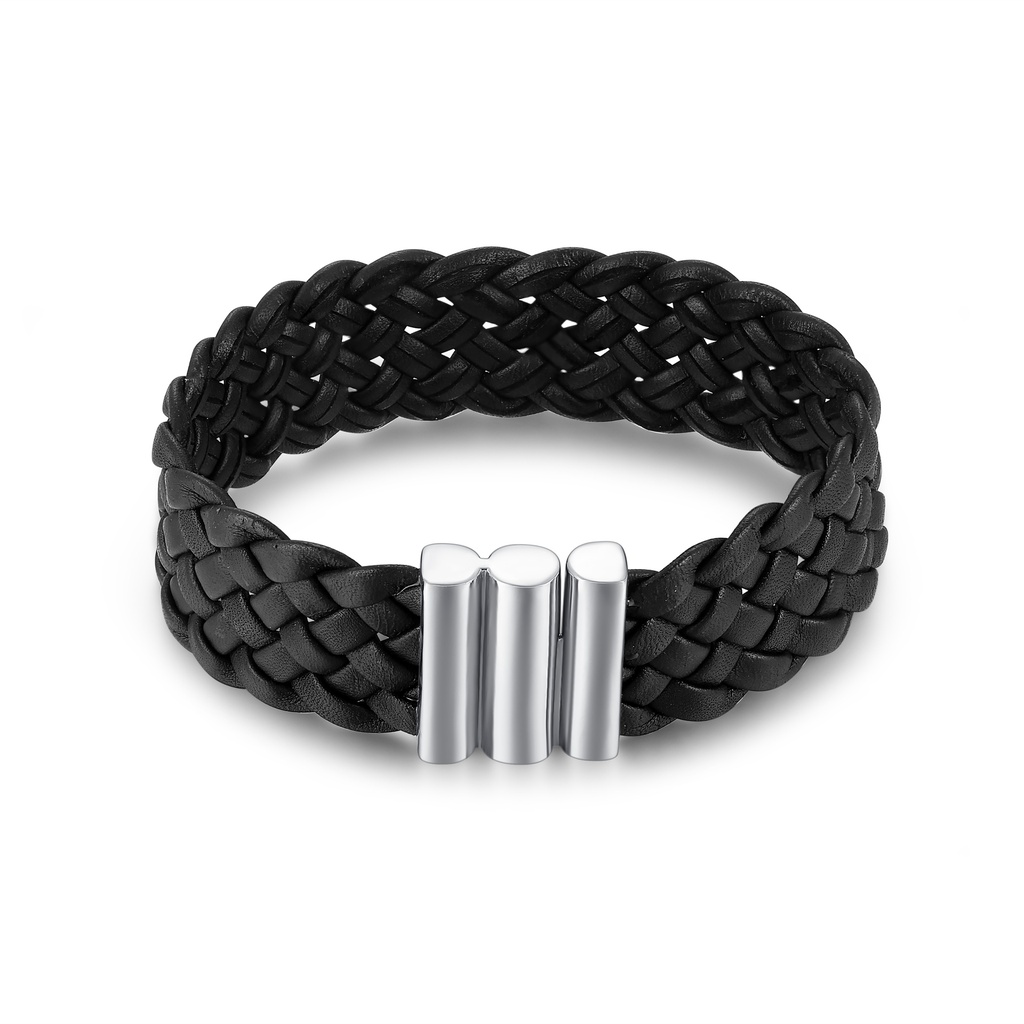 Braided Black Leather Bracelet with Polished Stainless Steel Magnetic Clasp