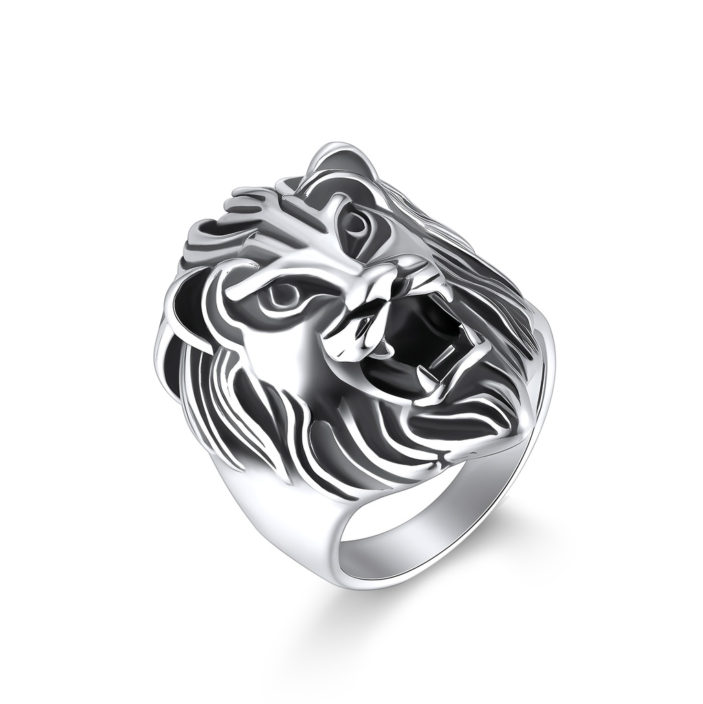 Stainless Steel Lion Head Ring with Detailed Design and Polished Finish