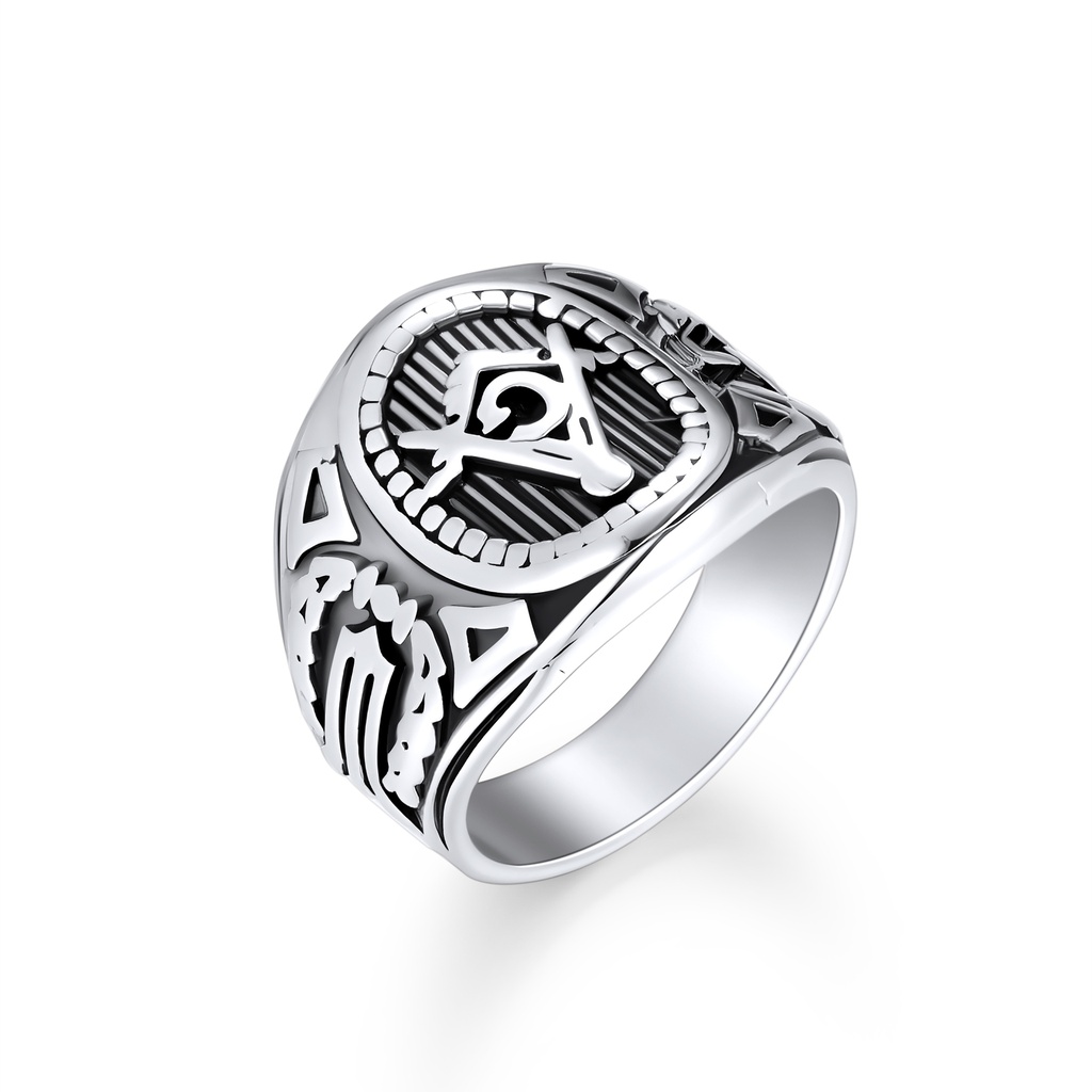 Stainless Steel Masonic Freemason Ring with Symbolic Detailing