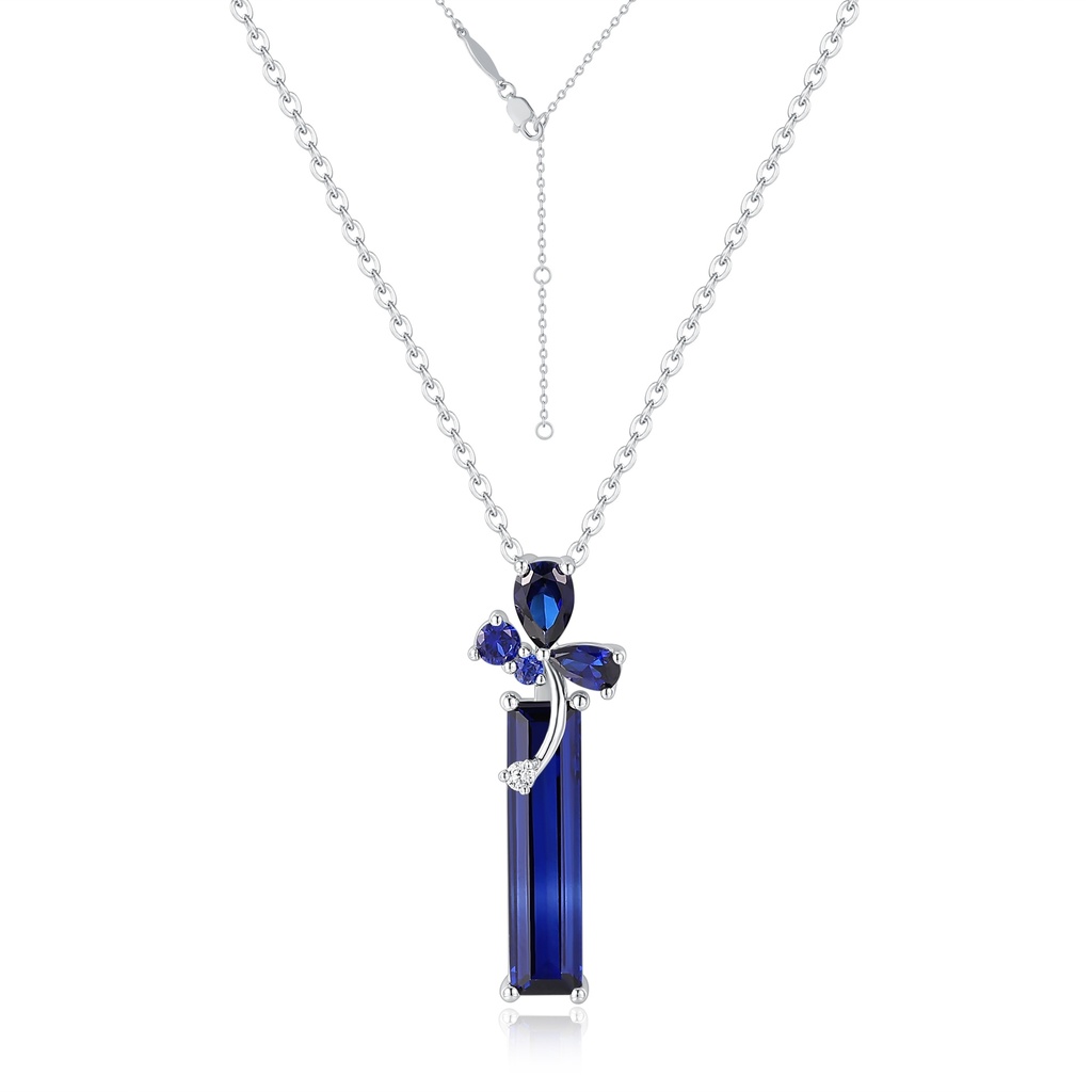 Stainless Steel Necklace with Blue Baguette Gem and Floral Accents