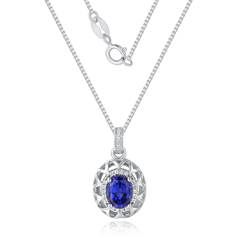Stainless Steel Necklace with Blue Oval Gemstone and Crystals