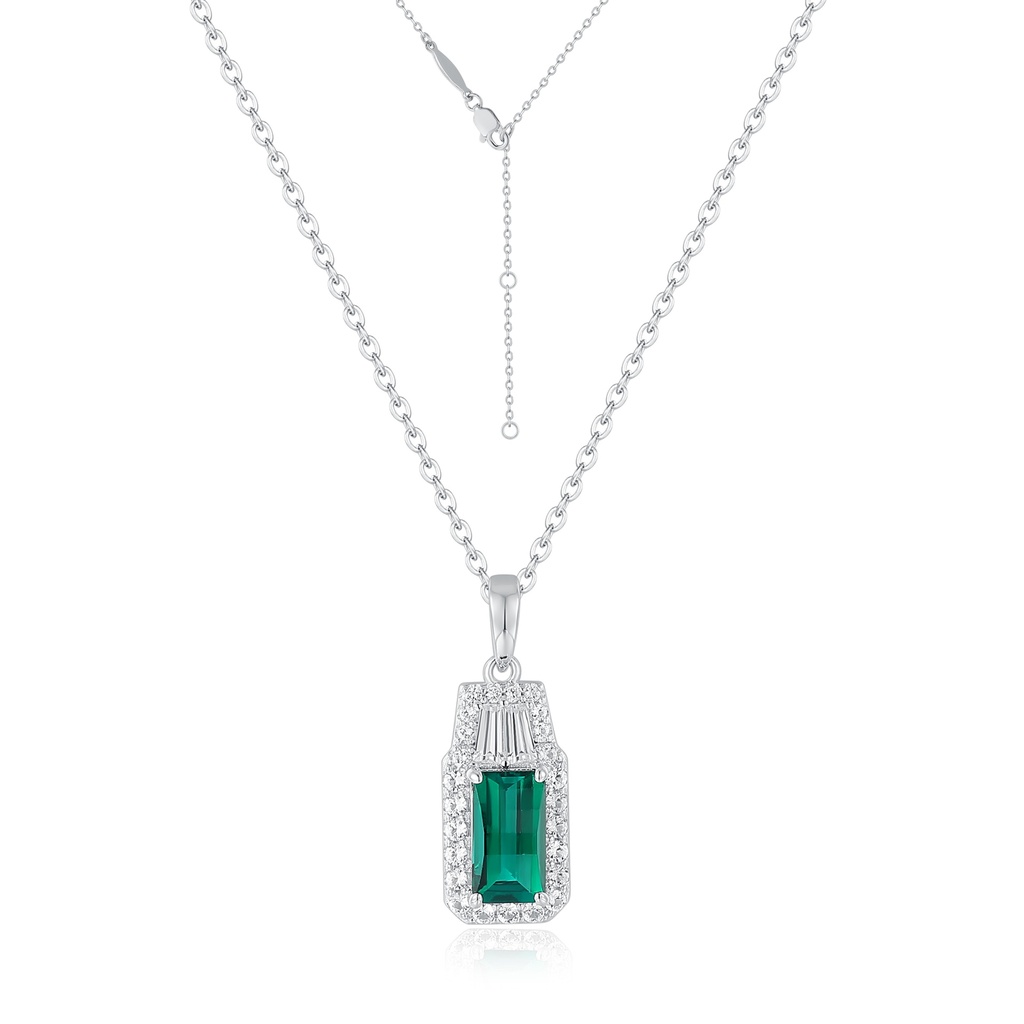 Stainless Steel Necklace with Emerald-Cut Green Gemstone and Crystals