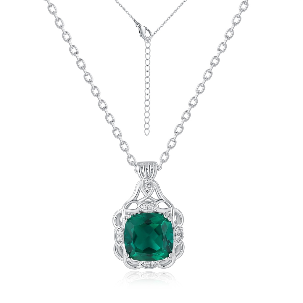 Stainless Steel Necklace with Green Cushion Gem and Filigree Design