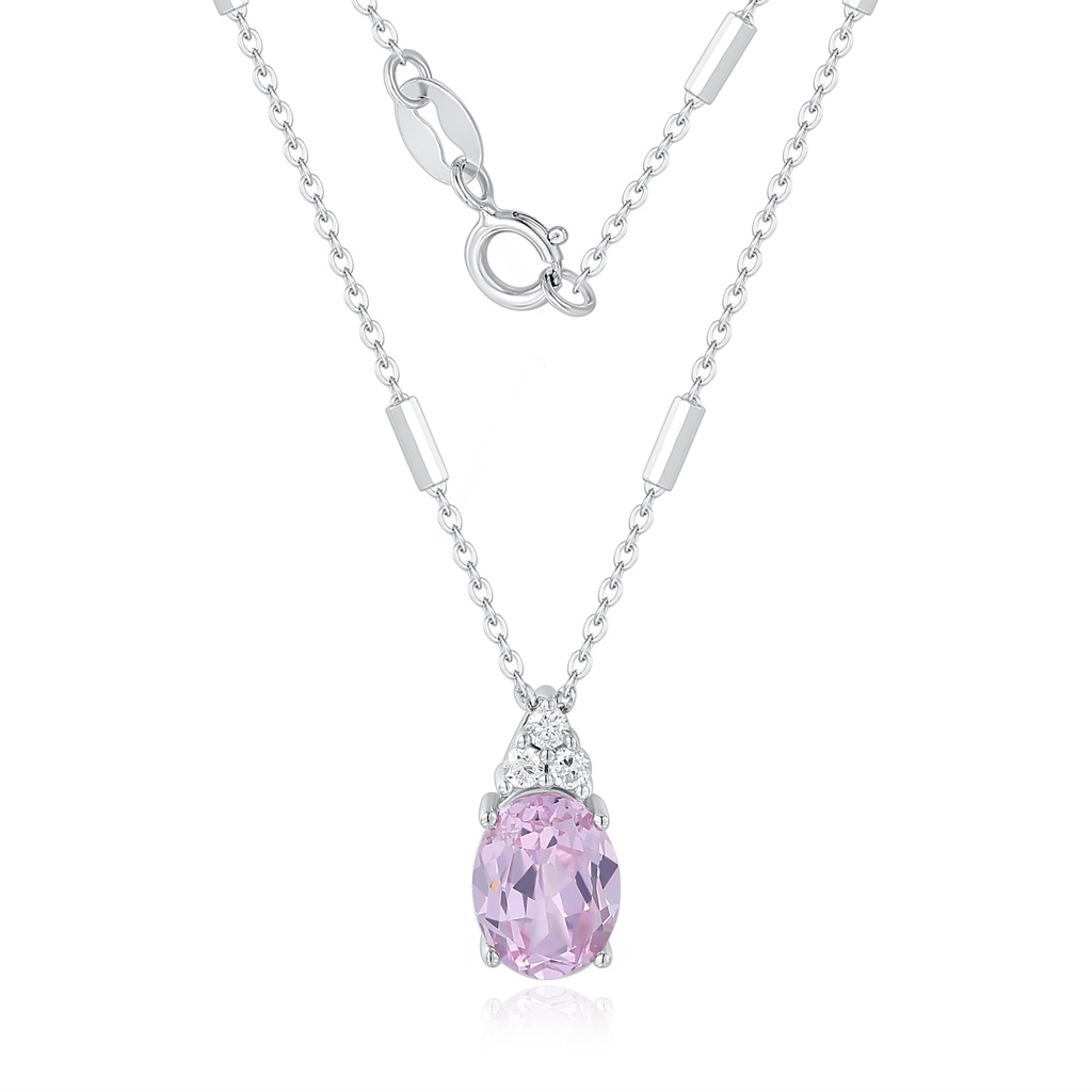 Stainless Steel Necklace with Pink Oval Gem and Crystal Accents