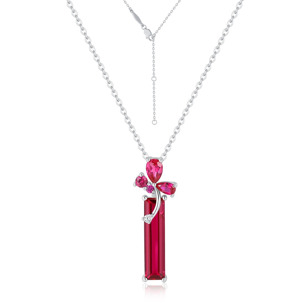 Stainless Steel Necklace with Red Baguette Gem and Floral Accents