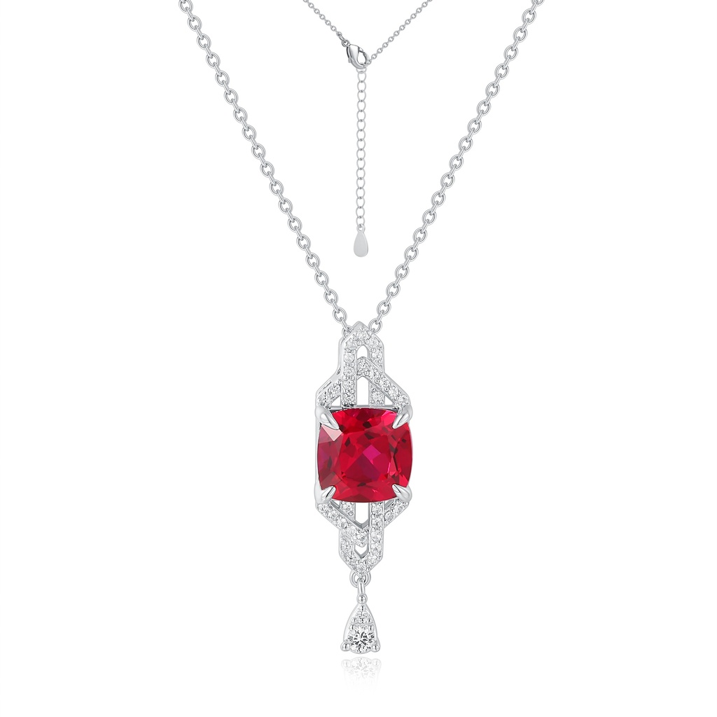 Stainless Steel Necklace with Red Cushion Gem and Crystal Accents