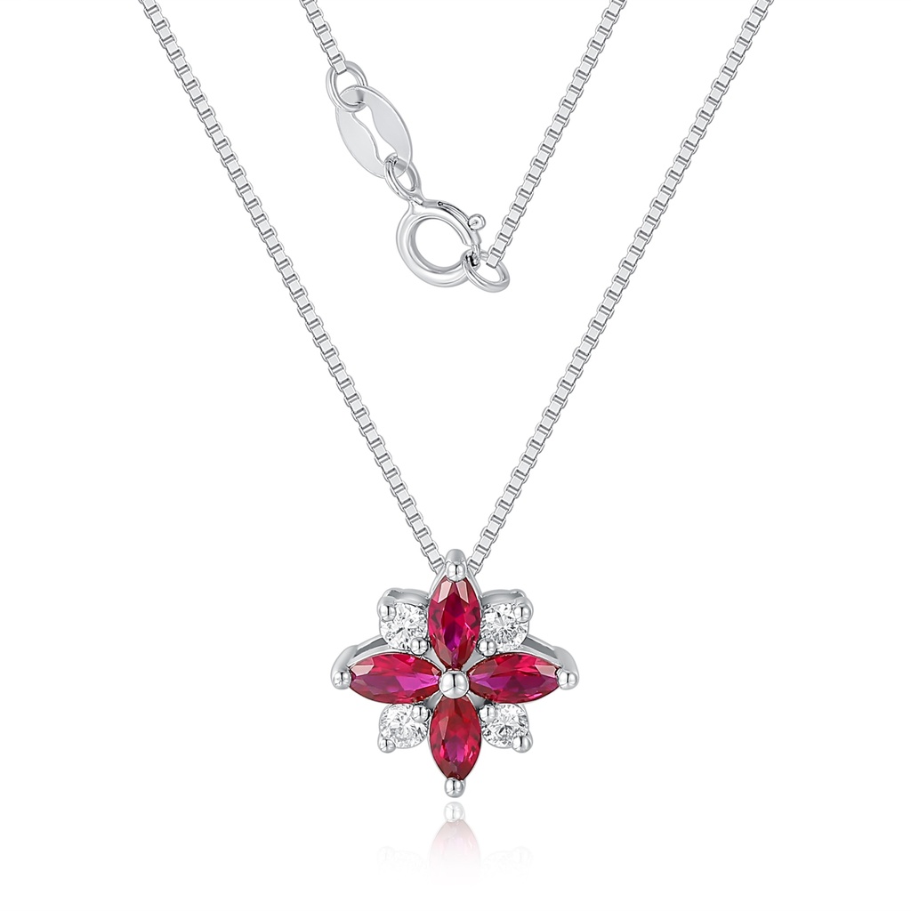 Stainless Steel Necklace with Red Flower Pendant and Crystal Details