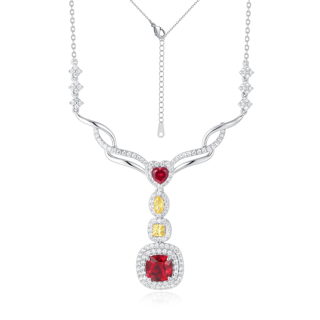 Stainless Steel Necklace with Red and Yellow Crystal Accents