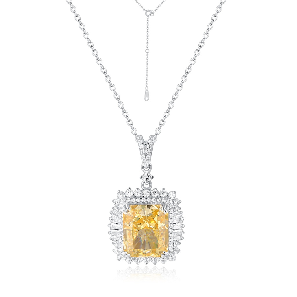 Stainless Steel Necklace with Yellow Square Crystal and Halo Design