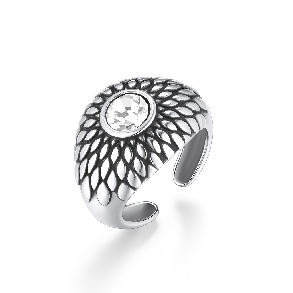 Stainless Steel Open Ring with Crystal and Petal Design